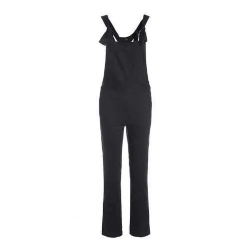 Stylish Adjustable Straps Pockets Solid Color Overalls For Women - Black S