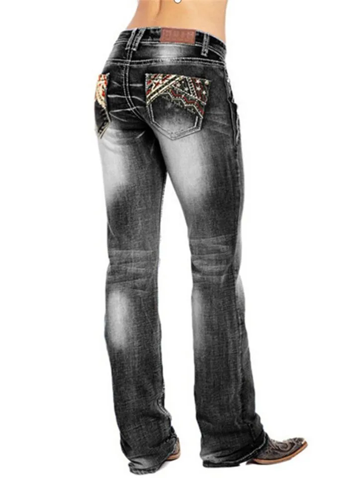 Stylish Embroidery Washed Effect Pocket Straight Leg Jeans