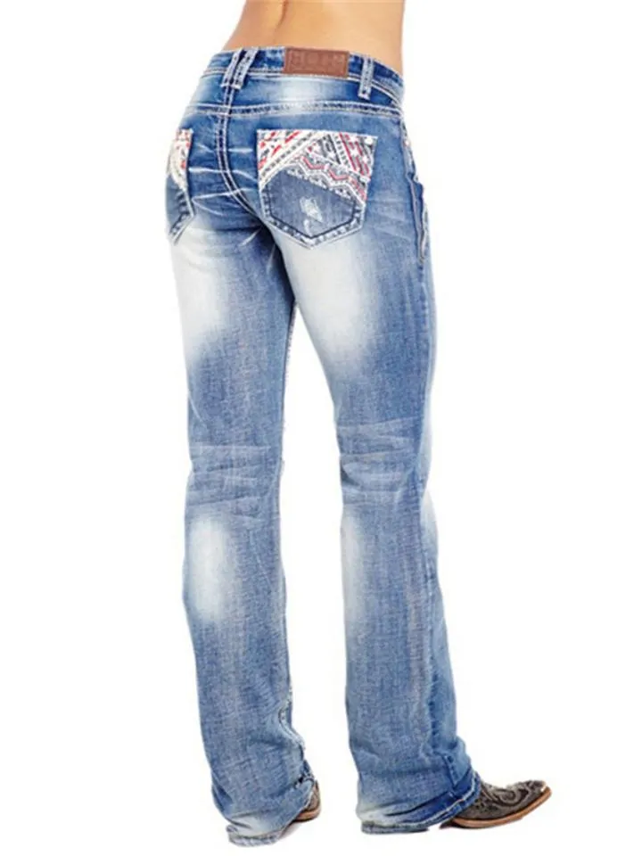 Stylish Embroidery Washed Effect Pocket Straight Leg Jeans