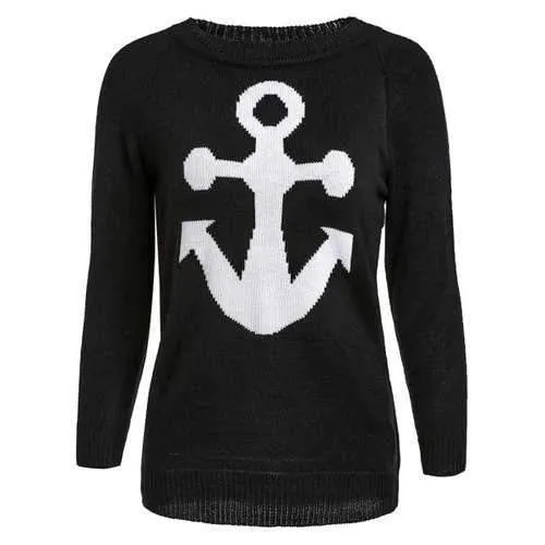 Stylish Jewel Neck Anchor Printed Sweater For Women - Black M