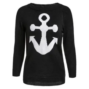 Stylish Jewel Neck Anchor Printed Sweater For Women - Black M