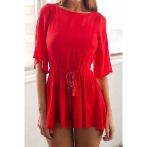Stylish Scoop Neck Half Sleeve Red Backless Women's Romper - Red S