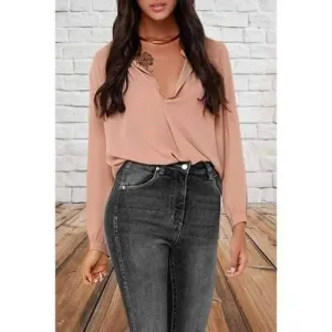 Stylish V Neck Long Sleeves Pure Color Women's Blouse - Shallow Pink S