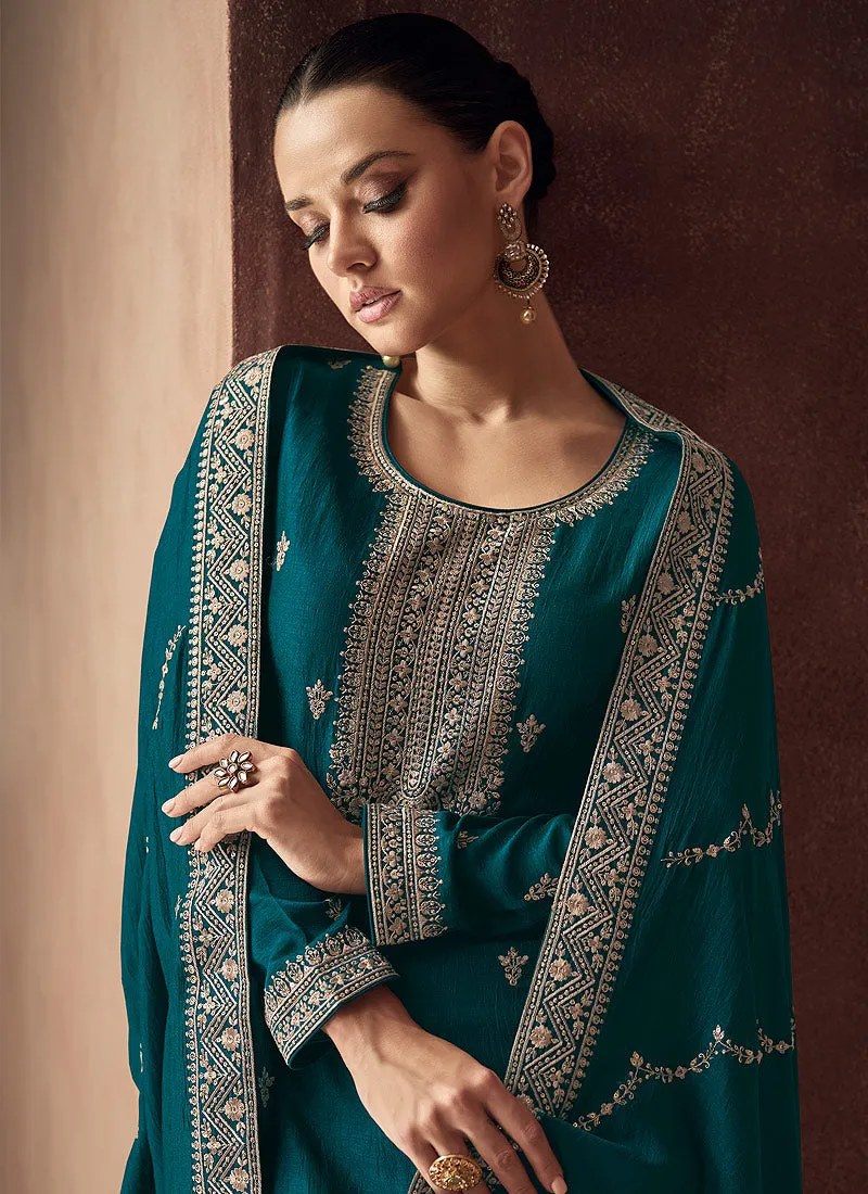 Teal and Gold Embroidered Stylish Pant Suit