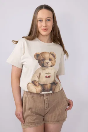 Teddy Bear Cherry Sweater Graphic T-Shirt for Women in Sand | 32787X-OTS-SAND