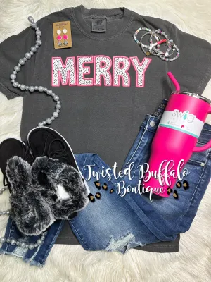 Tee Charcoal {MERRY DOTS} Faux Print  Pink Charcoal Crew Neck Tee