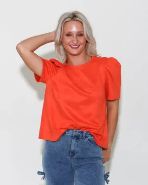 THML | Puff Sleeve Suede Top in Orange