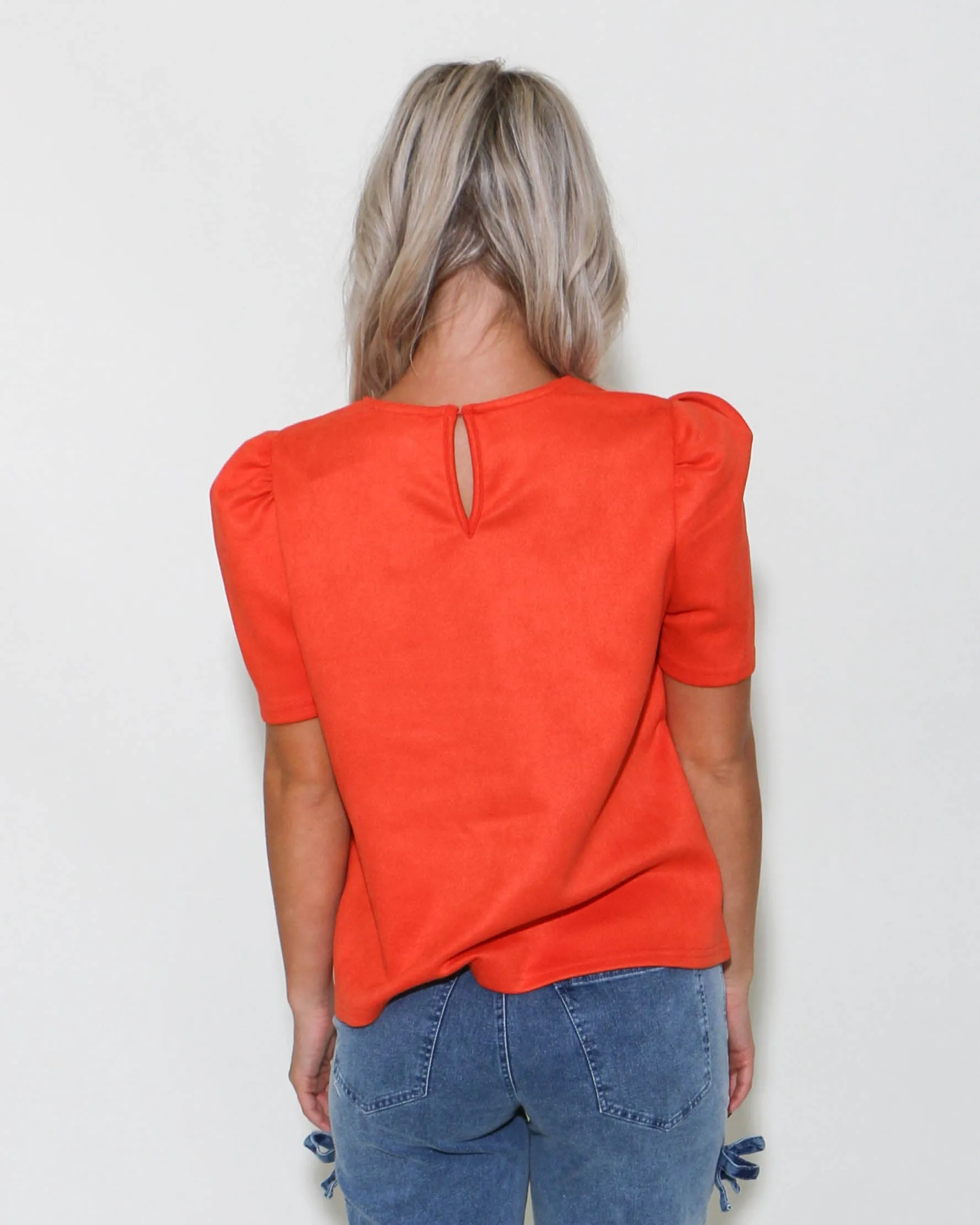 THML | Puff Sleeve Suede Top in Orange