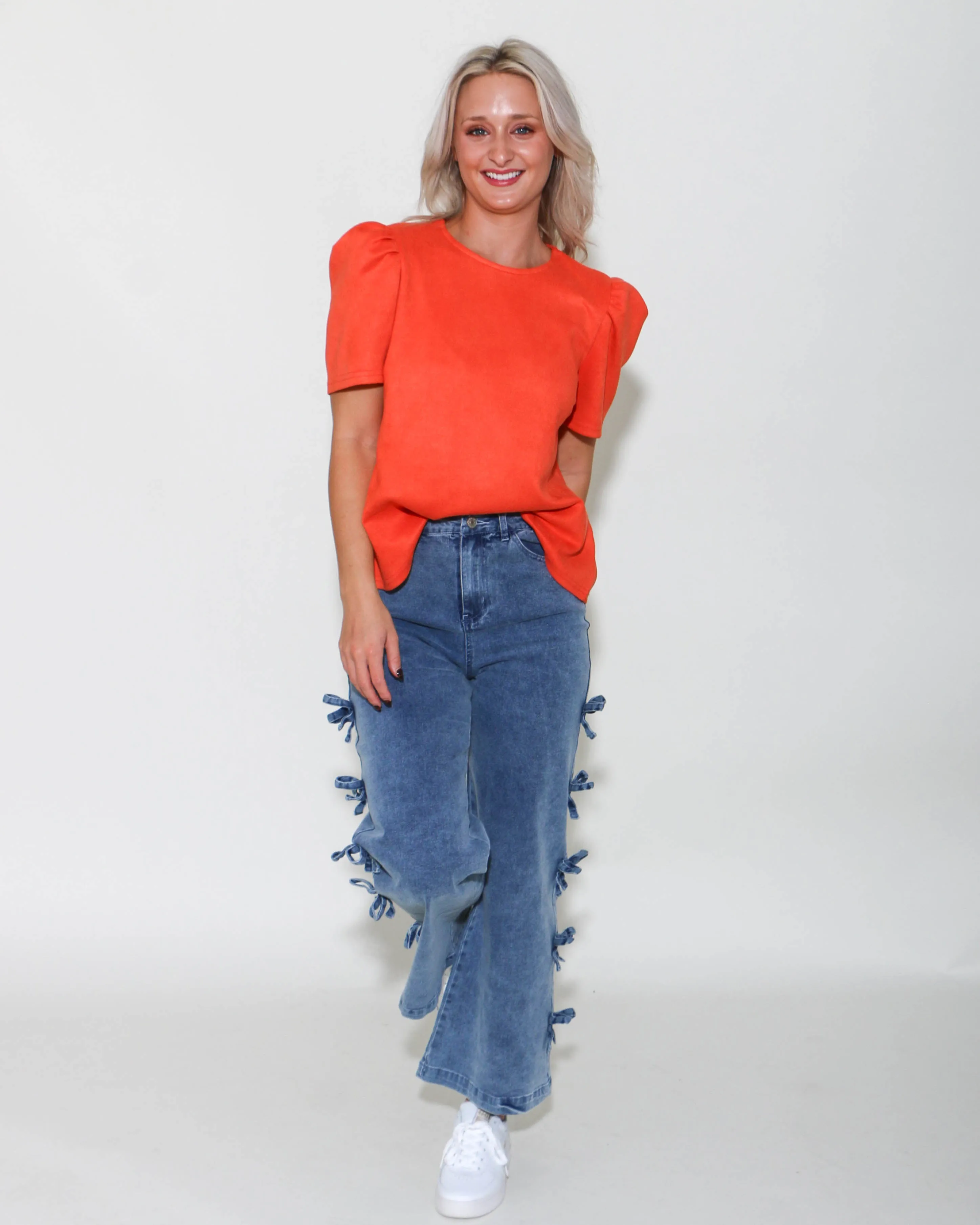 THML | Puff Sleeve Suede Top in Orange