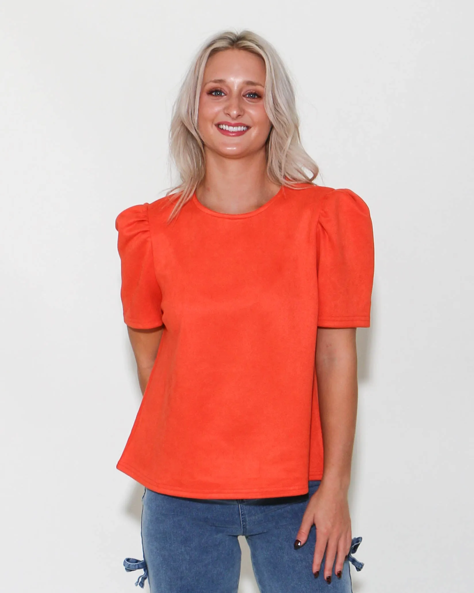 THML | Puff Sleeve Suede Top in Orange