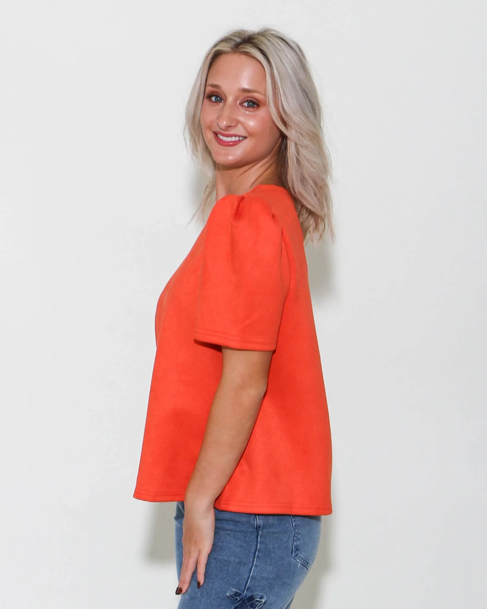 THML | Puff Sleeve Suede Top in Orange