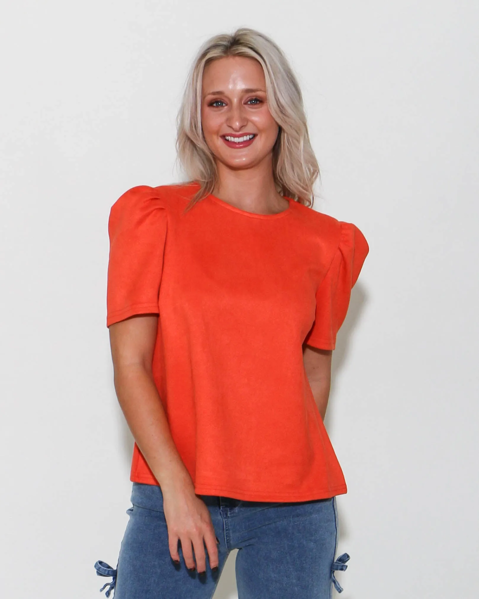 THML | Puff Sleeve Suede Top in Orange