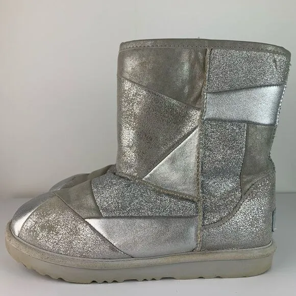UGG Girl's Silver Suede Classic Short II Patchwork Fashion Boot size 5