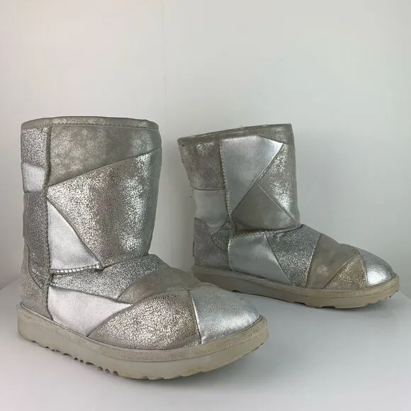UGG Girl's Silver Suede Classic Short II Patchwork Fashion Boot size 5