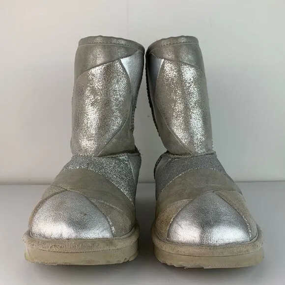 UGG Girl's Silver Suede Classic Short II Patchwork Fashion Boot size 5