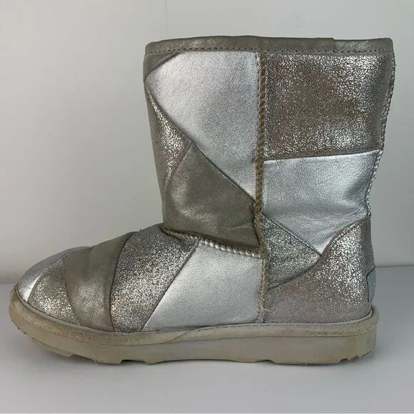 UGG Girl's Silver Suede Classic Short II Patchwork Fashion Boot size 5