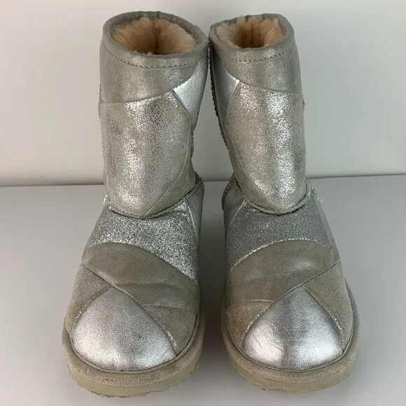 UGG Girl's Silver Suede Classic Short II Patchwork Fashion Boot size 5