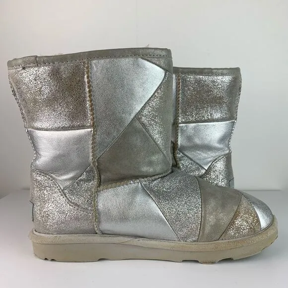UGG Girl's Silver Suede Classic Short II Patchwork Fashion Boot size 5