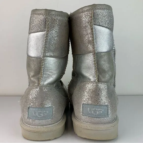 UGG Girl's Silver Suede Classic Short II Patchwork Fashion Boot size 5