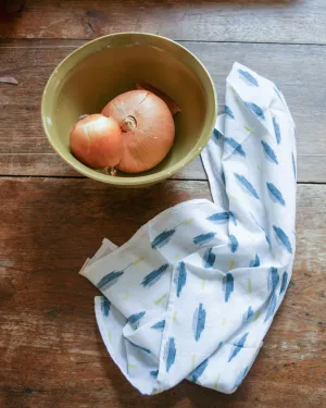 White Green   Yellow Ikat Leaf Cotton Woven Tea Towel