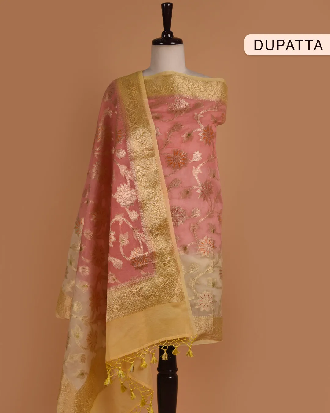 Yellow With Pink Chanderi Woven Unstitched Suit Fabric Set With Chanderi Woven Dupatta