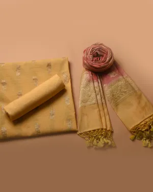 Yellow With Pink Chanderi Woven Unstitched Suit Fabric Set With Chanderi Woven Dupatta