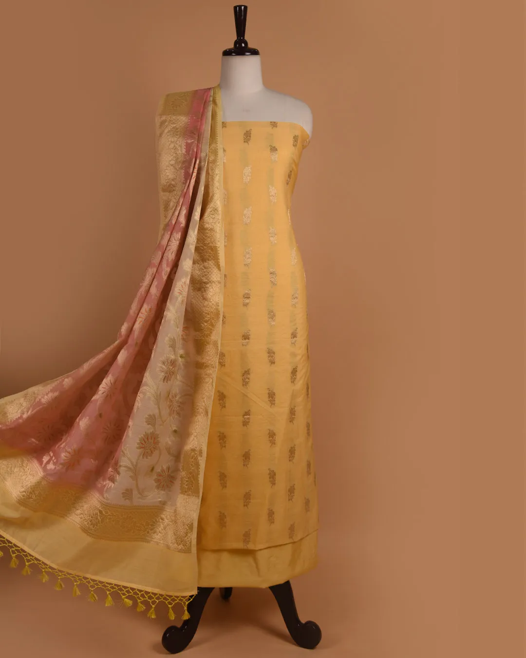 Yellow With Pink Chanderi Woven Unstitched Suit Fabric Set With Chanderi Woven Dupatta