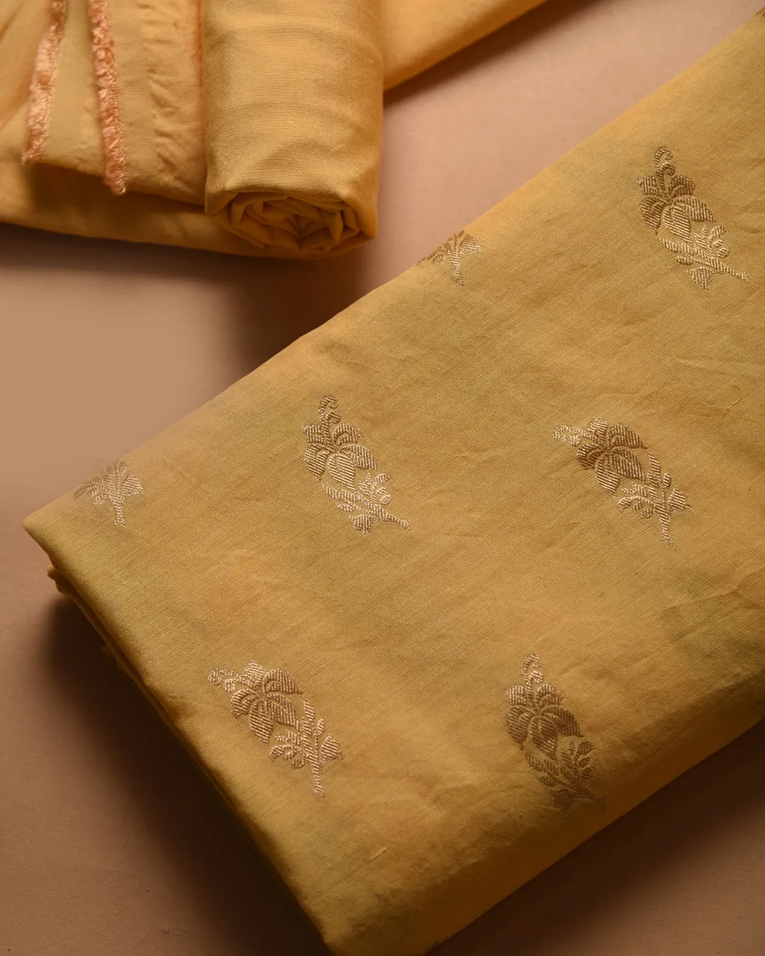 Yellow With Pink Chanderi Woven Unstitched Suit Fabric Set With Chanderi Woven Dupatta